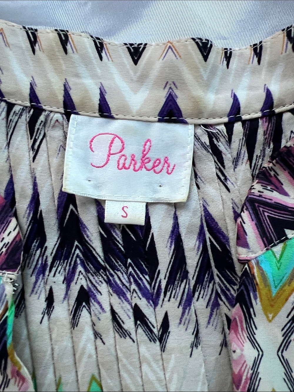 Parker Sleeveless Chevron-Print Button Blouse in Purple, Teal & Cream - Picture 2 of 5
